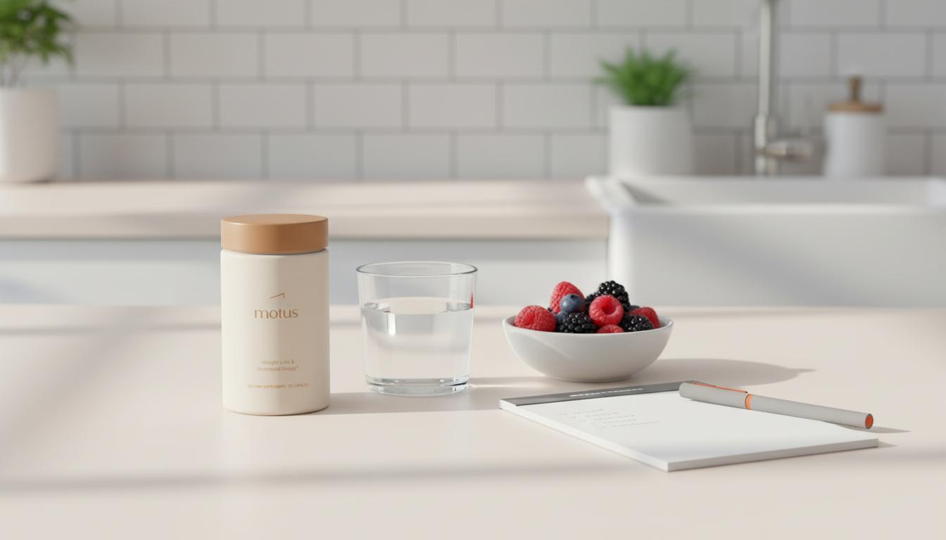 Minimalist kitchen counter still life with Tonum Motus supplement jar, glass of water, bowl of berries and notepad illustrating creatine timing for fat loss