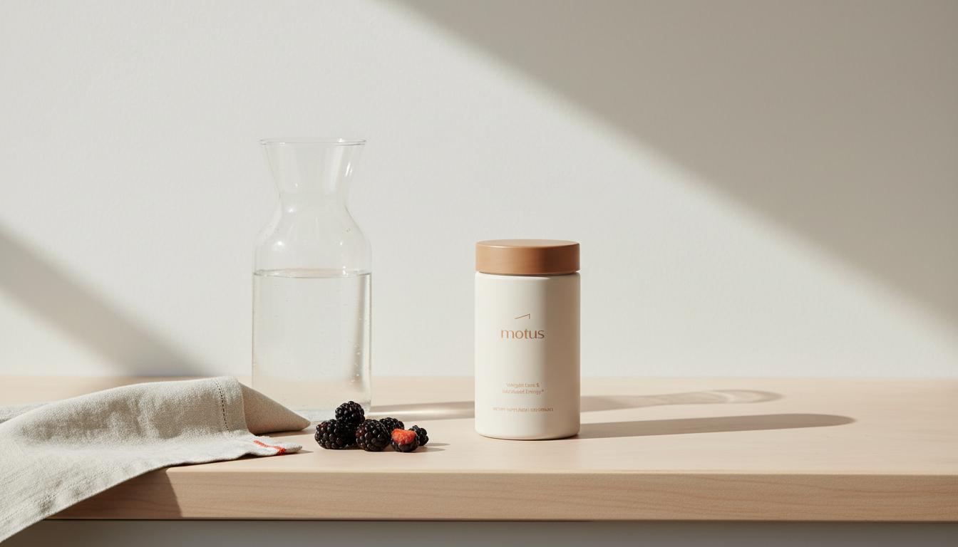 Minimalist morning kitchen scene with Tonum Motus supplement jar beside a glass carafe, linen napkin and berries on a #F2E5D5 background, calm scientific lifestyle image for creatine weight loss