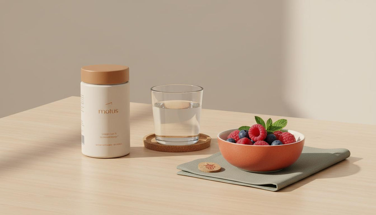 Minimalist scene of a Tonum supplement jar with a glass of water and bowl of berries on a light wooden table, illustrating creatine while cutting in a calm, scientific style.