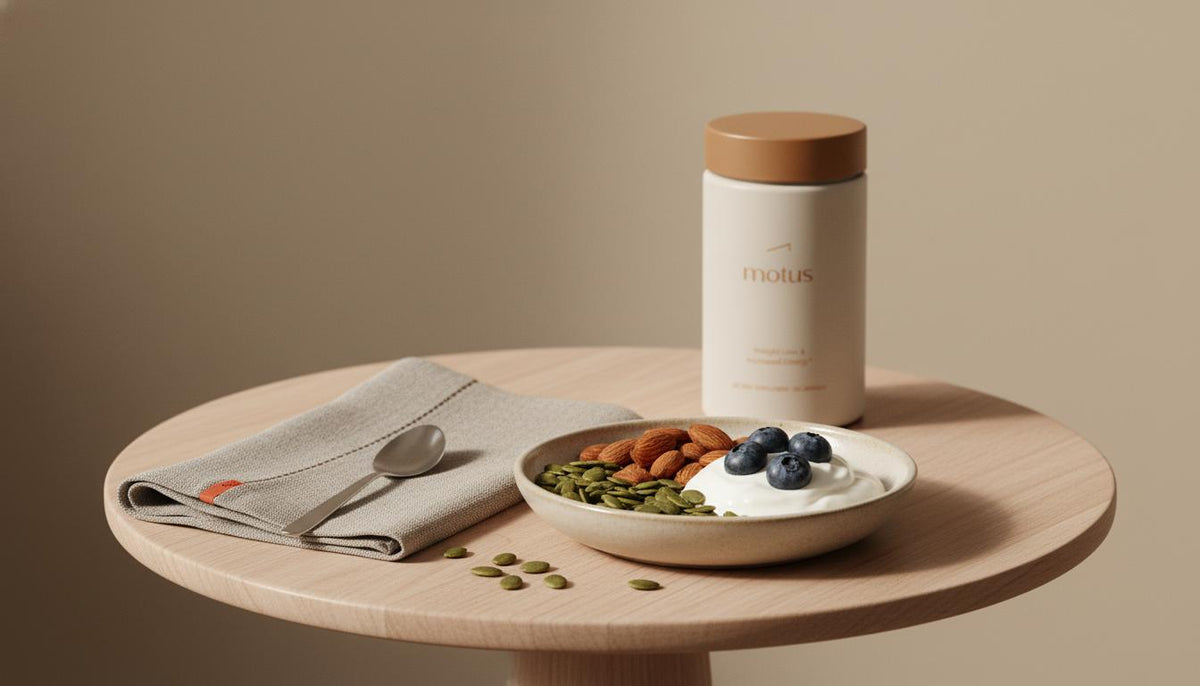 Minimalist still-life of pumpkin seeds, almonds and Greek yogurt with blueberries on a wooden table, Tonum supplement bottle blurred in background, promoting curb sugar cravings