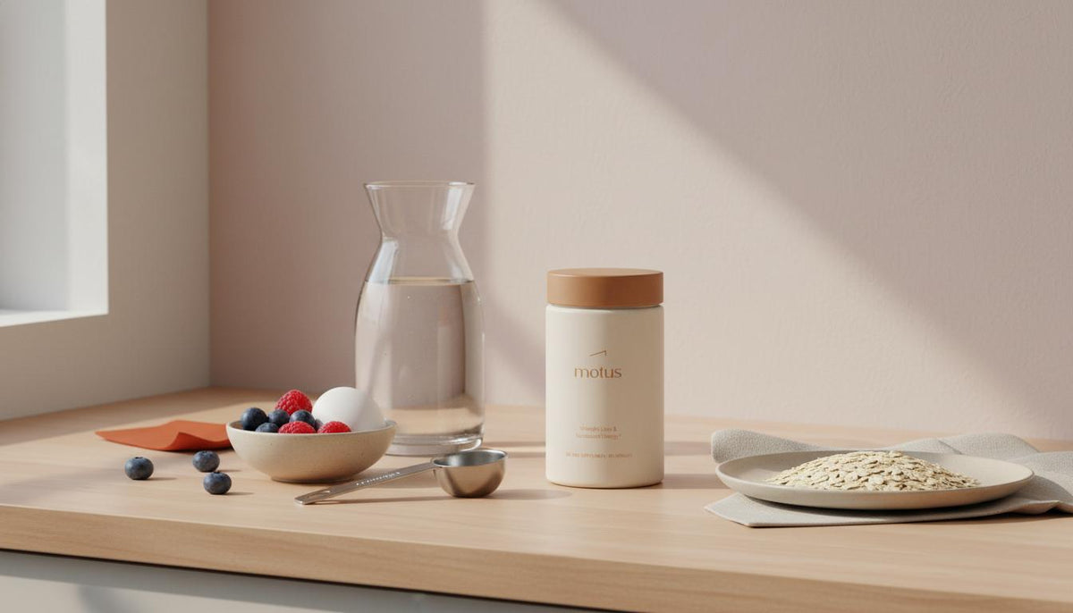 Minimal still-life of a Tonum Motus supplement jar on a wooden counter with carafe of water, bowl of berries, egg and oats — what is the best whey protein for fat loss