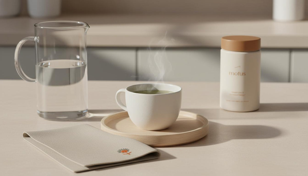 Minimal morning counter with Tonum Motus jar near a glass carafe and green tea cup on a wooden tray, conveying calm metabolism-focused wellness.