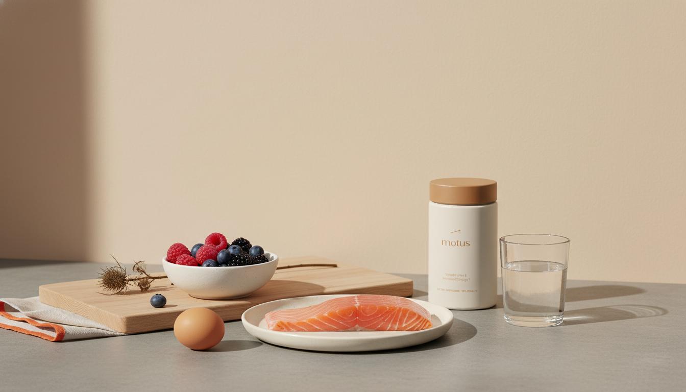Minimalist kitchen counter with berries, fish fillet, egg, milk thistle silhouette and a Tonum supplement jar, illustrating what do functional nutritionists do in practice.