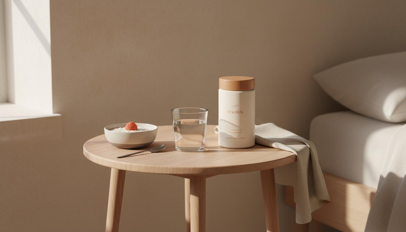 Minimalist morning scene with Tonum supplement jar from reference photo beside a glass of water, bowl of oats and beige linen on a wooden table; magnesium glycinate