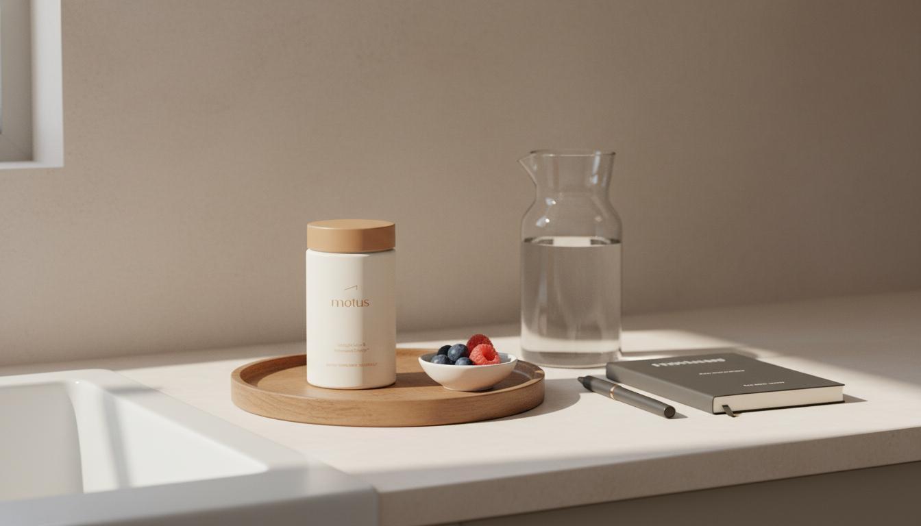 Minimalist kitchen counter with Tonum supplement jar 'Motus' on a wooden tray beside a carafe of water, a bowl of berries and a notebook in soft natural light — integrative nutrition coach cost
