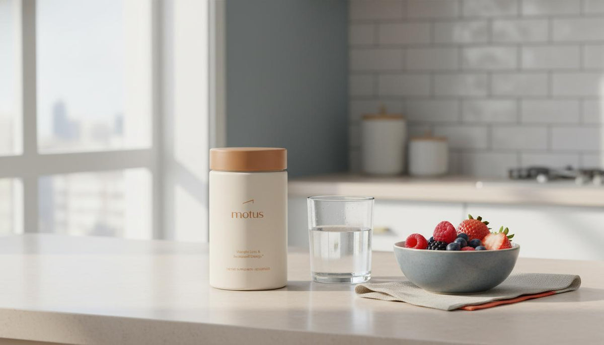 Minimalist kitchen counter with Tonum supplement jar beside a bowl of fresh berries and a glass of water, illustrating best probiotic for belly fat