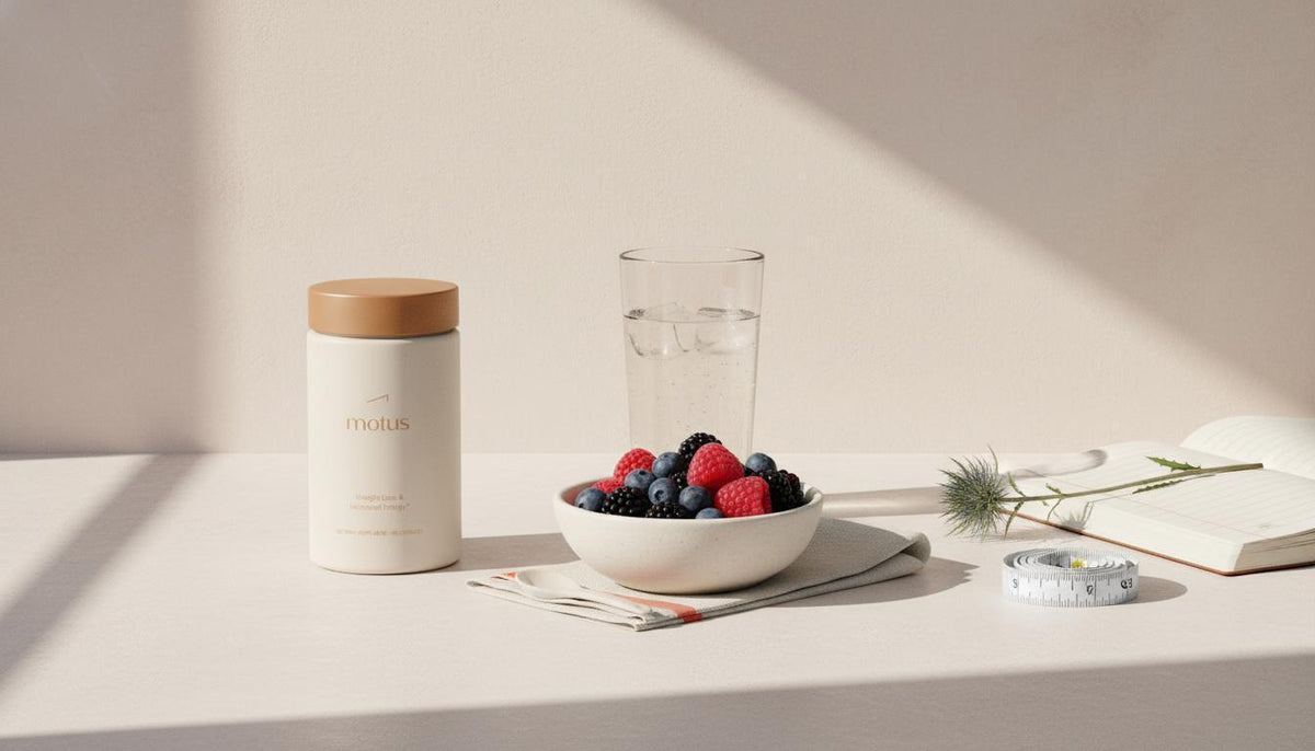 Minimalist kitchen scene with Motus supplement jar beside a bowl of berries, glass of water, notebook and measuring tape on a #F2E5D5 background — garcinia cambogia belly fat