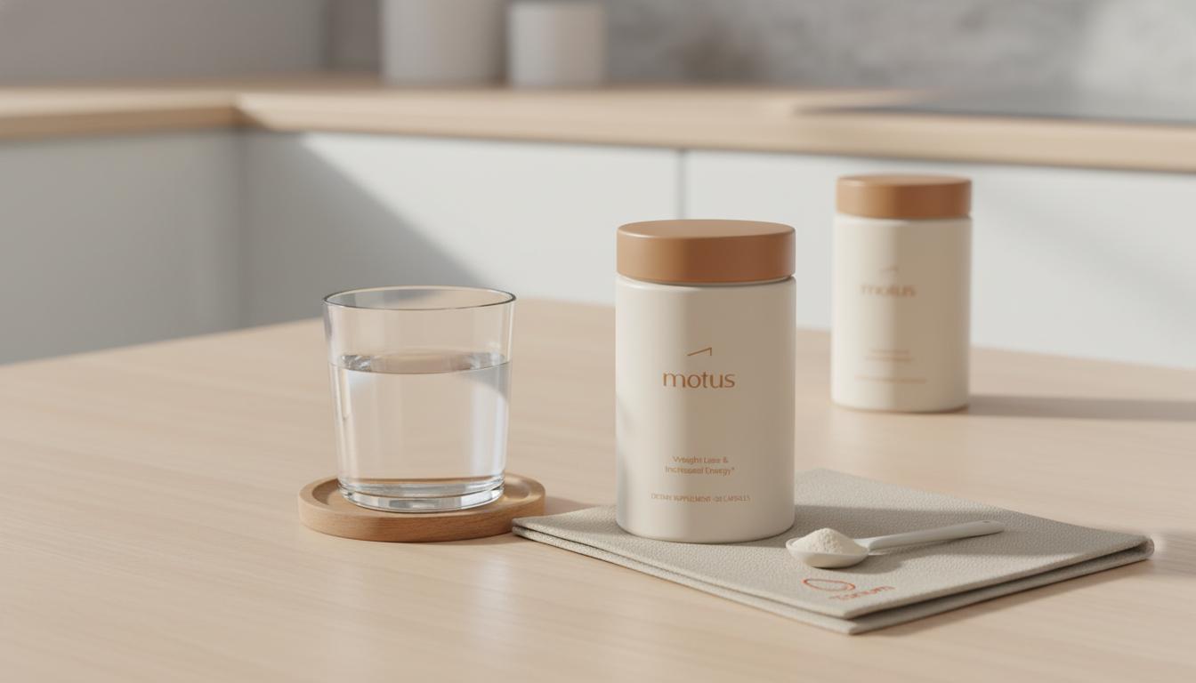 Minimal kitchen scene with a scoop of collagen powder, glass of water and a Tonum supplement jar, comparison concept: collagen powder vs capsules.