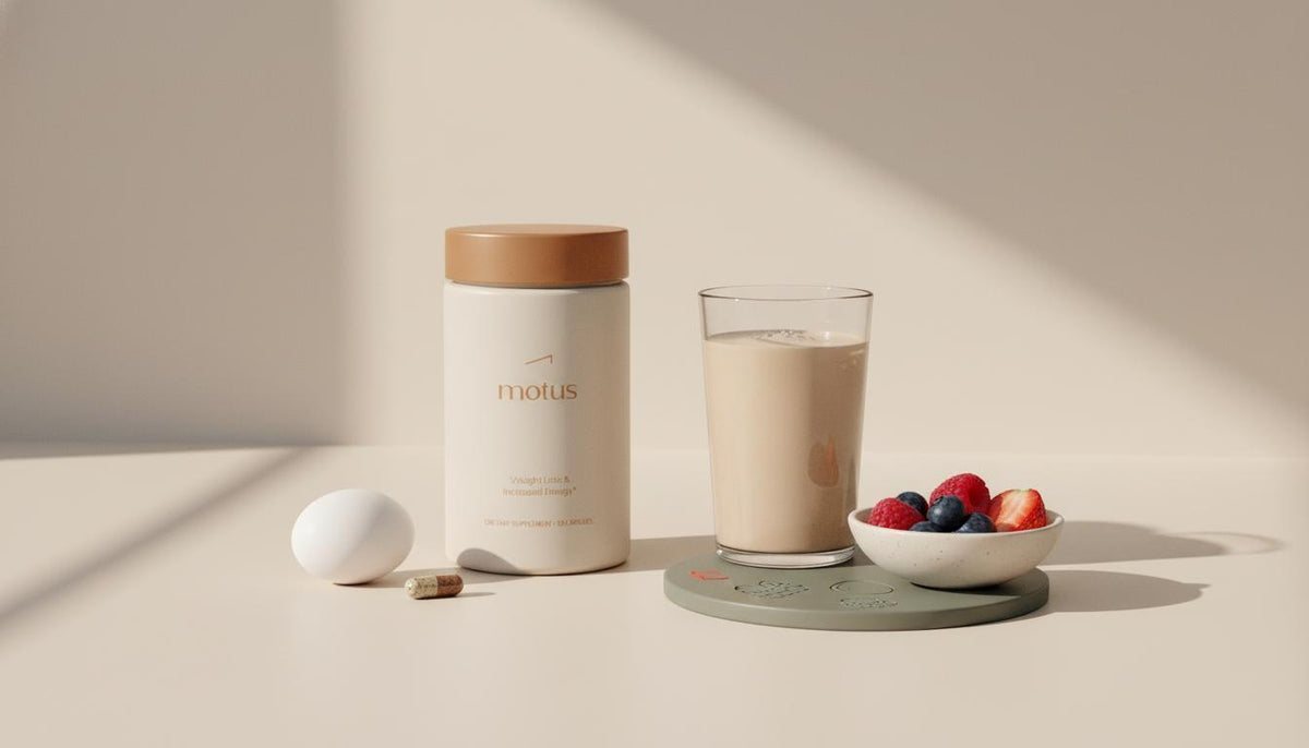 Minimal kitchen counter scene with Tonum supplement jar beside a prepared whey shake glass, bowl of berries, an egg and a milk thistle capsule — promoting whey protein for weight loss in a calm, minimalist style.