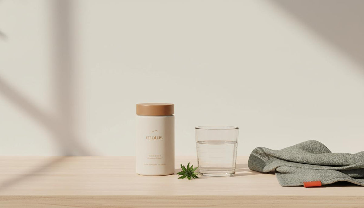 Minimalist morning counter with Motus supplement jar, glass of water, folded towel and milk thistle sprig on light wood surface in Tonum colors, highlighting CLA.
