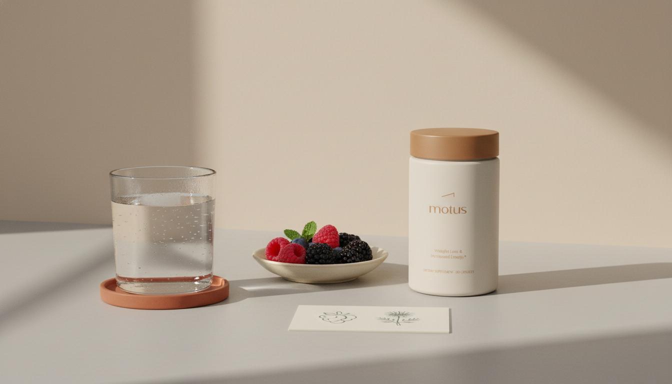 Minimalist kitchen counter with Tonum Motus jar beside a glass of water and bowl of berries, small card with berry and milk thistle icons — how much weight will i lose with l-carnitine?