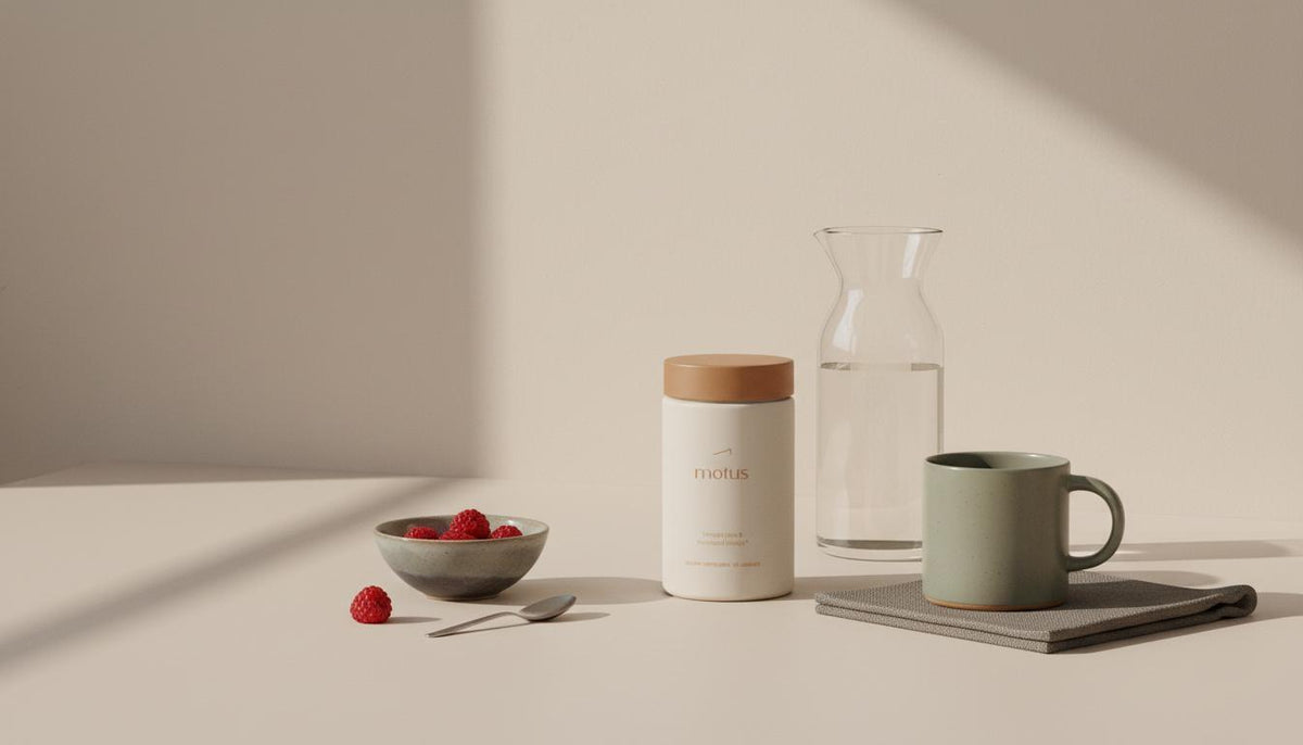 Minimalist kitchen table with Motus supplement jar beside a glass carafe, bowl of fresh berries and a neutral mug — visual promoting a 3 day cleanse for belly fat