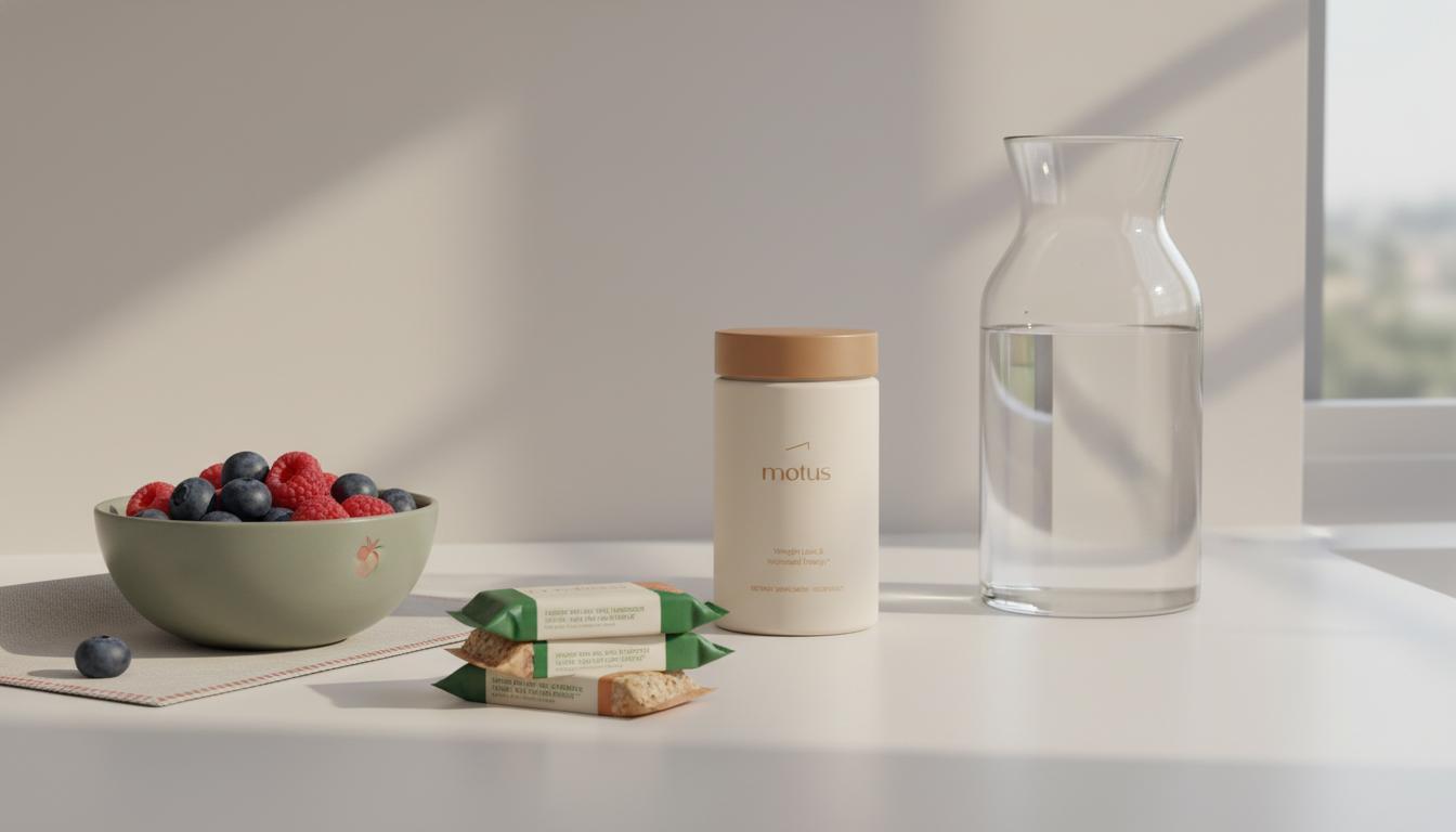 Minimal kitchen counter with stacked protein bars, bowl of berries, glass carafe of water and a discreet Tonum Motus jar in the background — best protein bars for weight loss