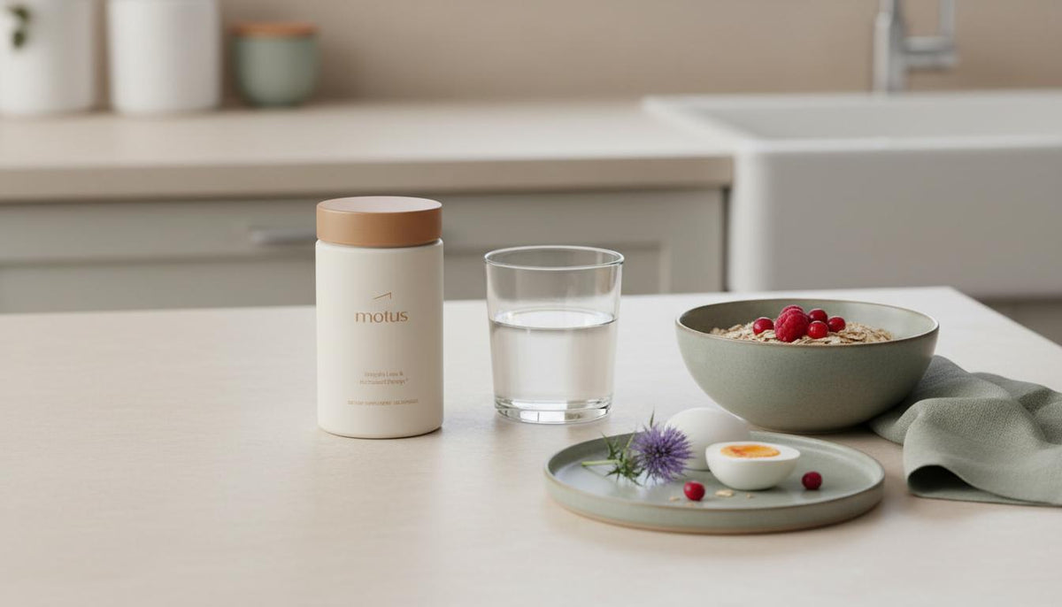 Minimalist kitchen scene with Motus supplement jar beside oats, glass of water, egg and milk thistle on a plate — best supplement for appetite control