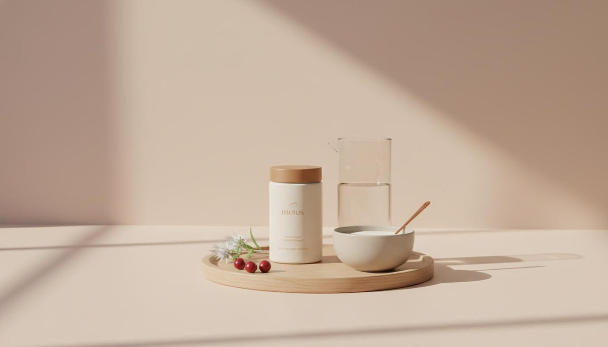 Minimalist kitchen counter with Tonum Motus supplement bottle on a wooden tray beside a carafe, bowl of fortified plant milk and berries and milk thistle icons — B12 vs B complex