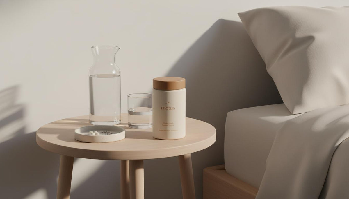 Is there a new weight loss drug coming out in 2025? Minimalist photoreal morning scene with Motus supplement jar and glass carafe on a wooden bedside table in Tonum colors, subtle berry and milk-thistle icons.