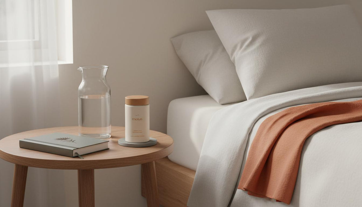 Minimalist bedroom morning scene with Tonum Motus supplement jar on a round wooden table beside a glass carafe and journal, illustrating macro ratio for losing weight