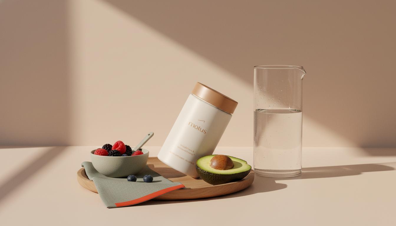 Minimalist kitchen counter with Tonum Motus jar on a wooden tray, mixed berries, avocado half and glass carafe in soft morning light — 2-2-2-2 rule on keto