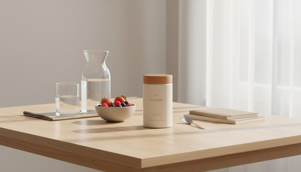 Tonum Motus supplement jar on a minimalist wooden table with fresh berries, glass carafe and notebooks in soft morning light, evoking safe weight loss and balanced wellness.