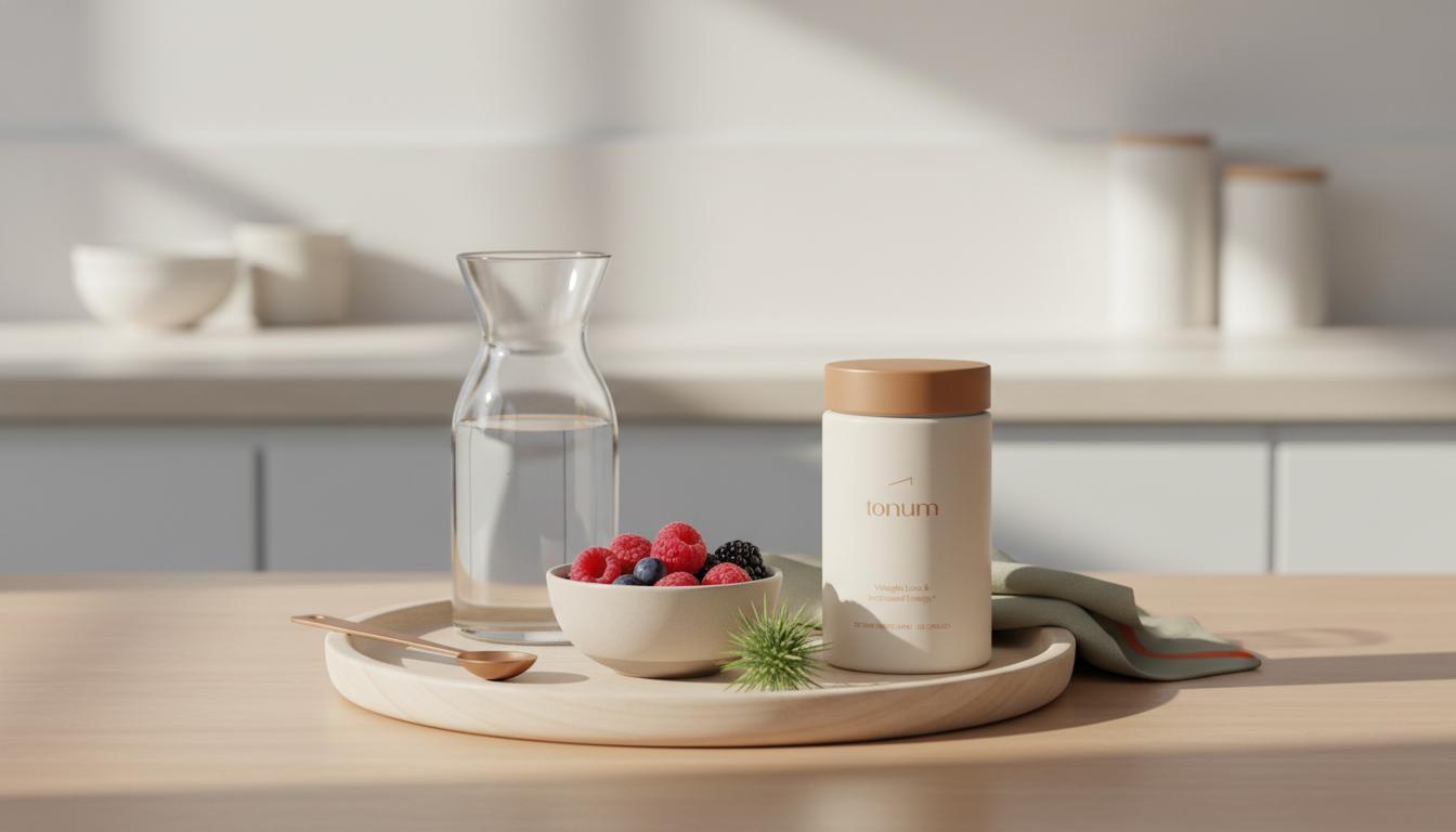 Minimalist kitchen still life with Tonum Motus supplement jar on a wooden tray, carafe of water, mixed berries and milk thistle — clean wellness scene for skinny pills