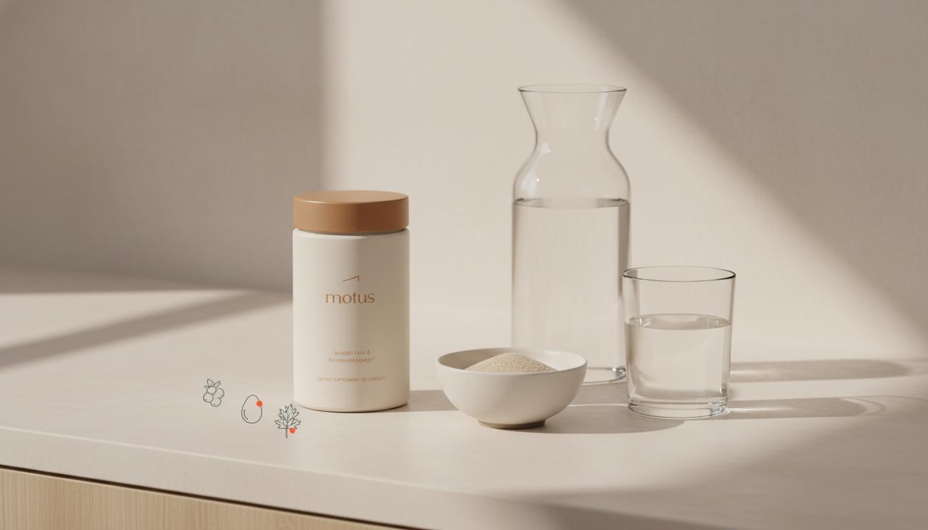 Minimalist kitchen counter with Tonum supplement jar, bowl of psyllium husk, water carafe and glass, and subtle Tonum icons — psyllium husk pregnancy