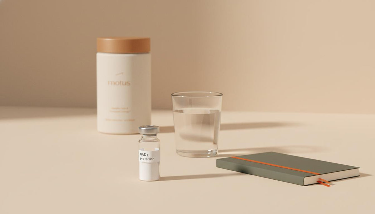 Minimalist still-life of a Tonum supplement jar and a glass vial of white powder on a warm beige countertop, suggesting a daily NAD supplementation ritual.