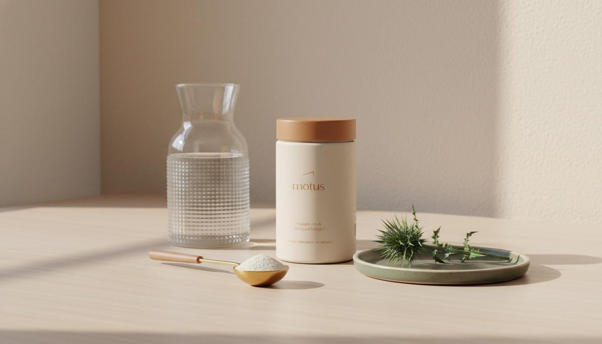 Minimalist kitchen scene with Tonum supplement jar, measuring spoon of psyllium powder, carafe of water and milk thistle on a warm beige background — illustrating psyllium for belly fat.