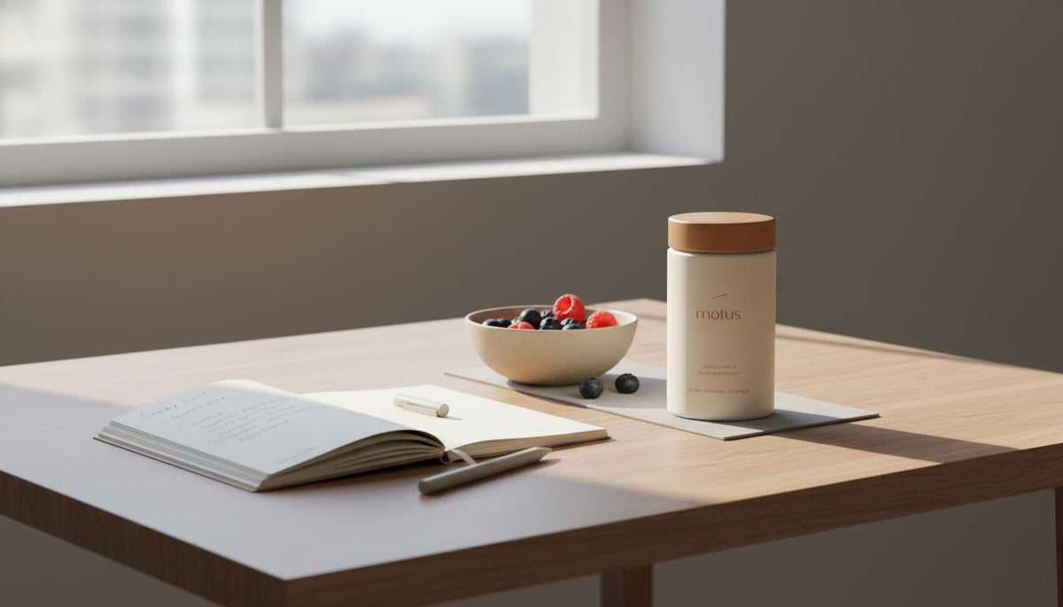 Minimalist desk with Tonum supplement jar, open study notebook, pen and bowl of berries by window in morning light — what is the 2 7 30 rule for memory?