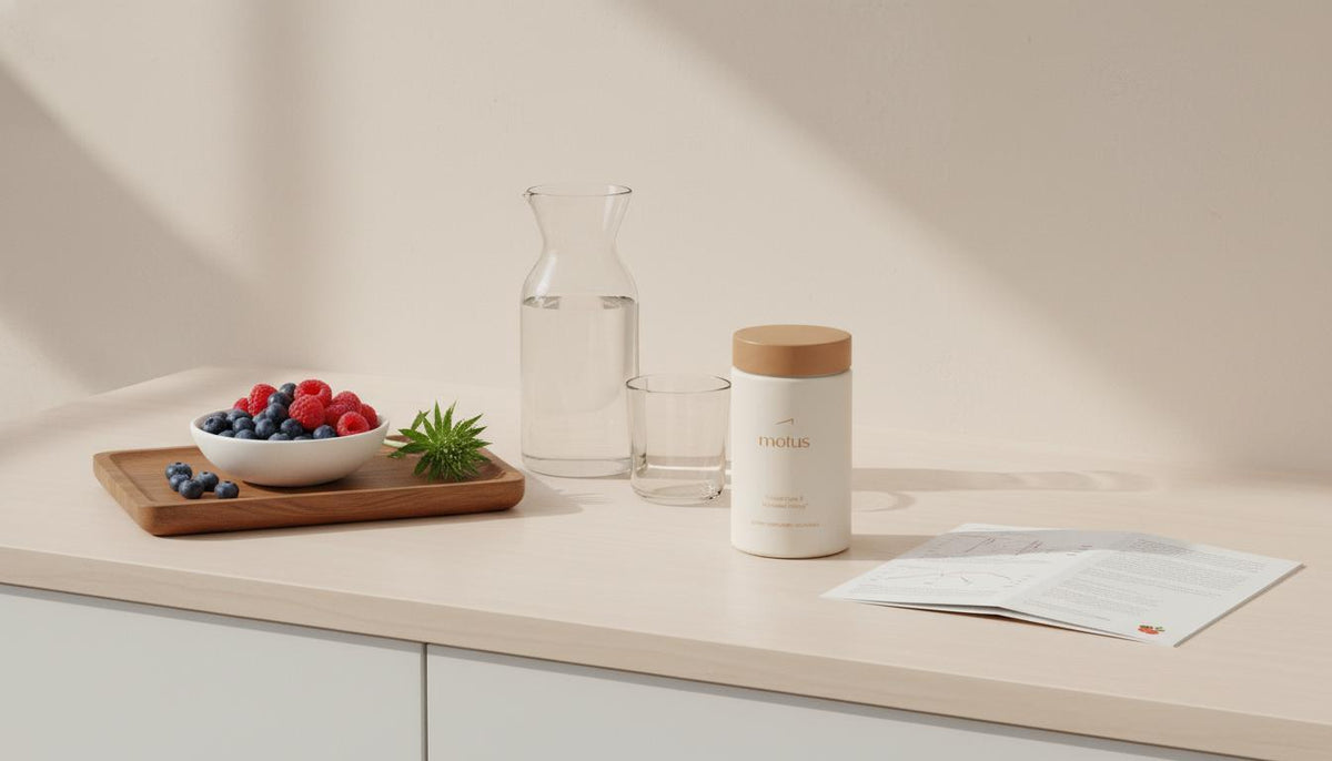 Minimal kitchen counter scene with Tonum supplement jar beside bowl of mixed berries and milk thistle, glass carafe and open research brochure — who should not take carnitine