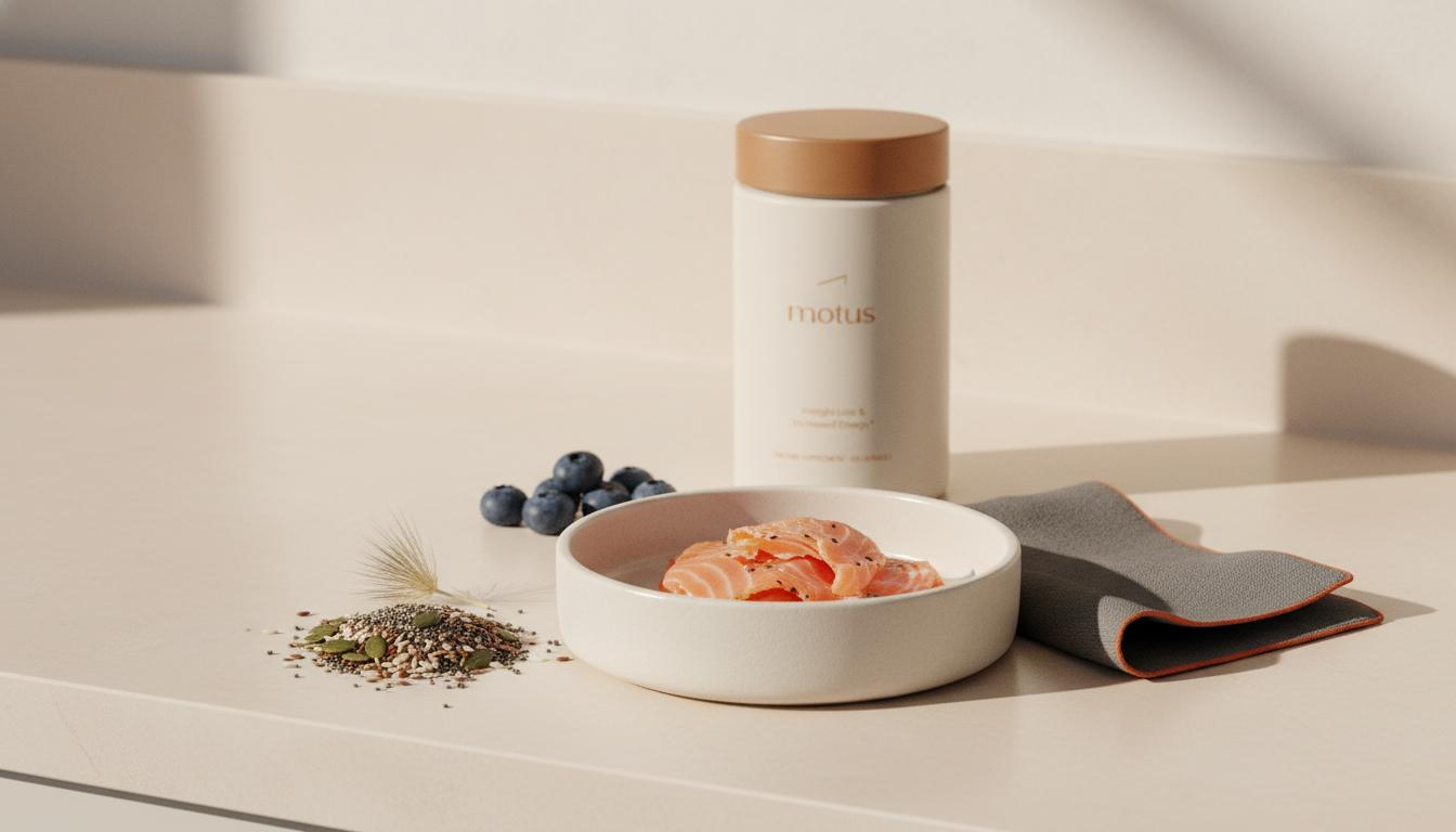 Minimalist kitchen counter still-life with salmon flakes, mixed seeds and blueberries beside a Tonum supplement jar, illustrating the best supplement for brain fog.