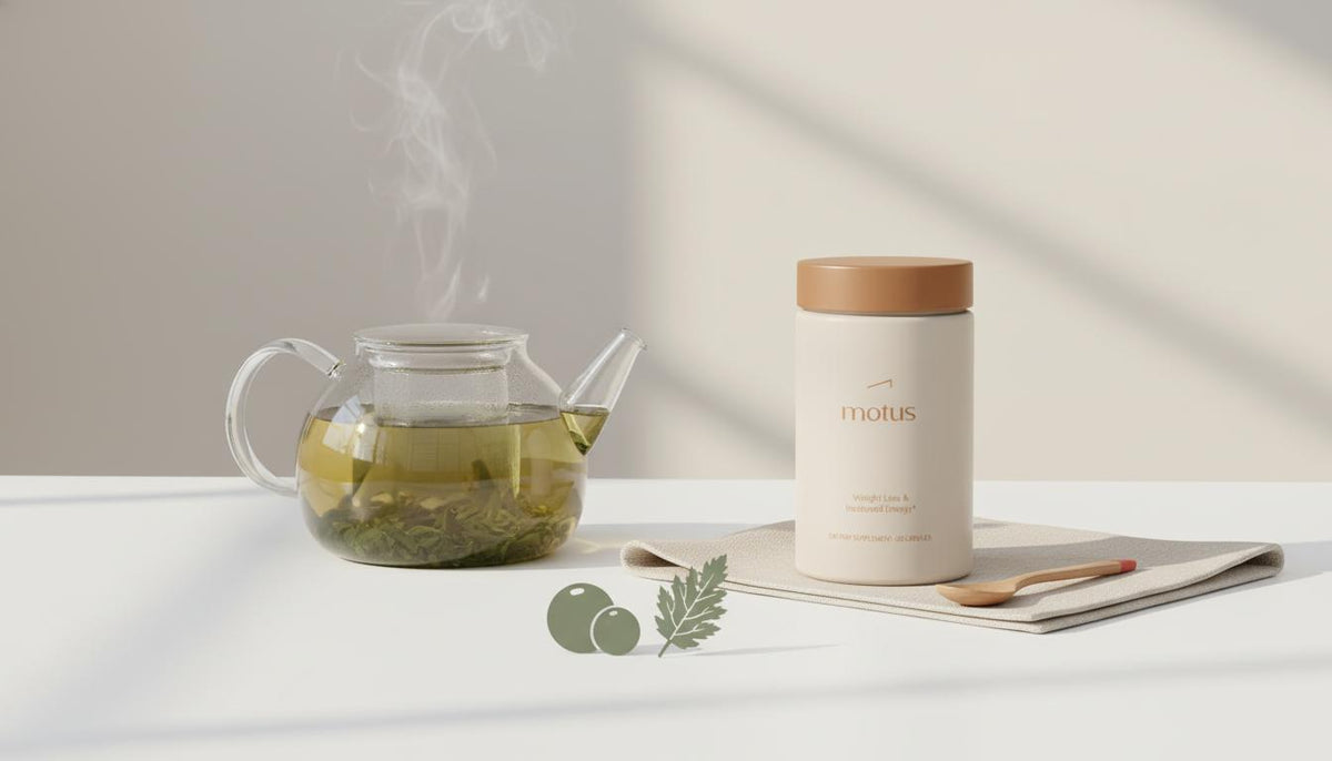 Glass teapot of steaming green tea with Tonum Motus jar, berry and milk thistle on a minimalist table, illustrating what tea works like Ozempic.