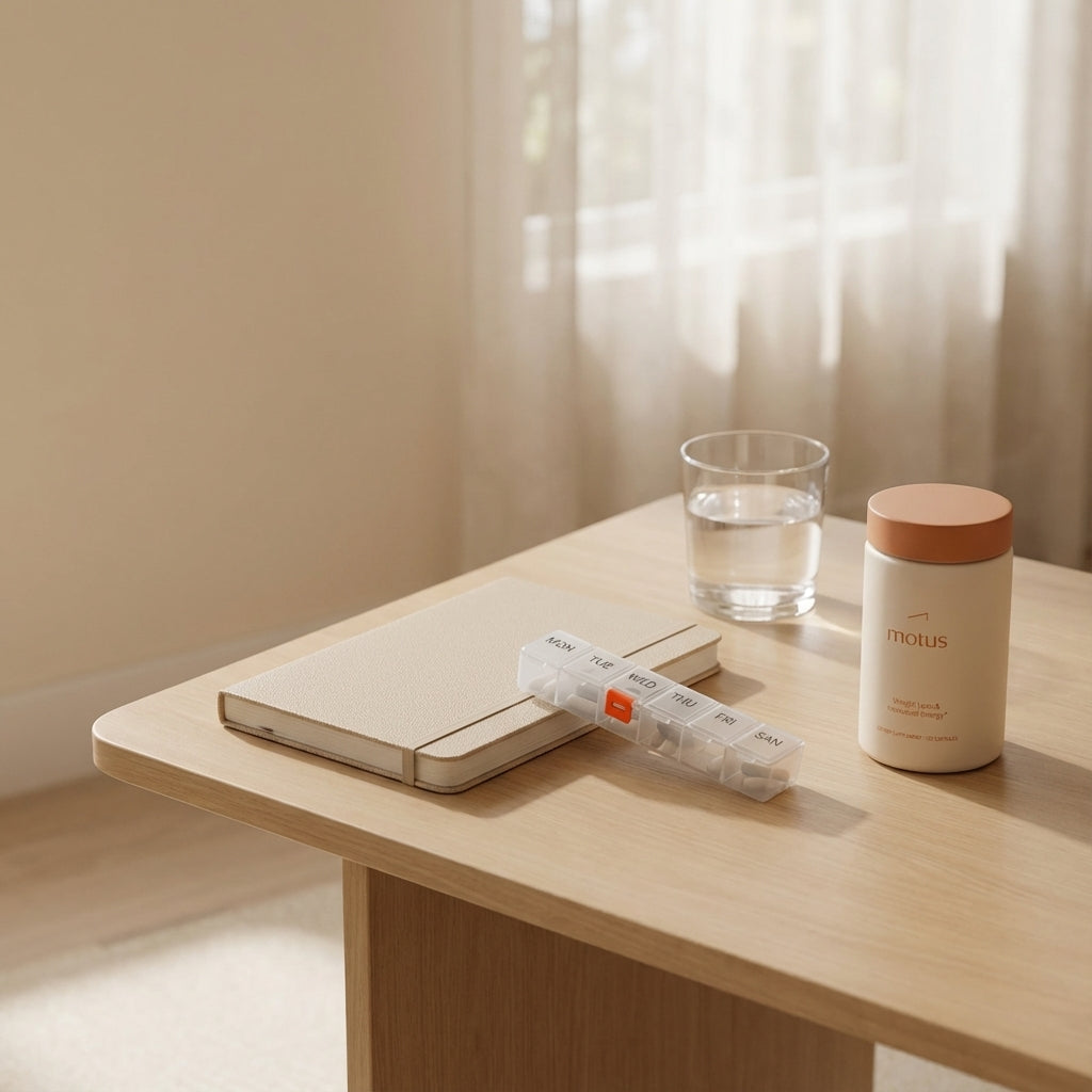 Minimalist home vignette with Tonum supplement jar, pill organizer, notebook and water on a tidy table, conveying a calm daily routine for dementia care.