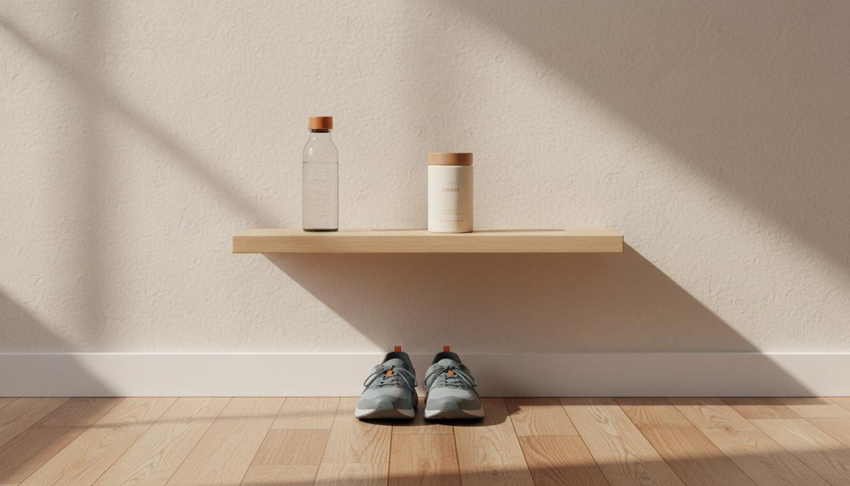 Minimal sunlit home workspace with walking shoes, glass water bottle, and Tonum supplement container on a wooden shelf illustrating daily dementia prevention routines.