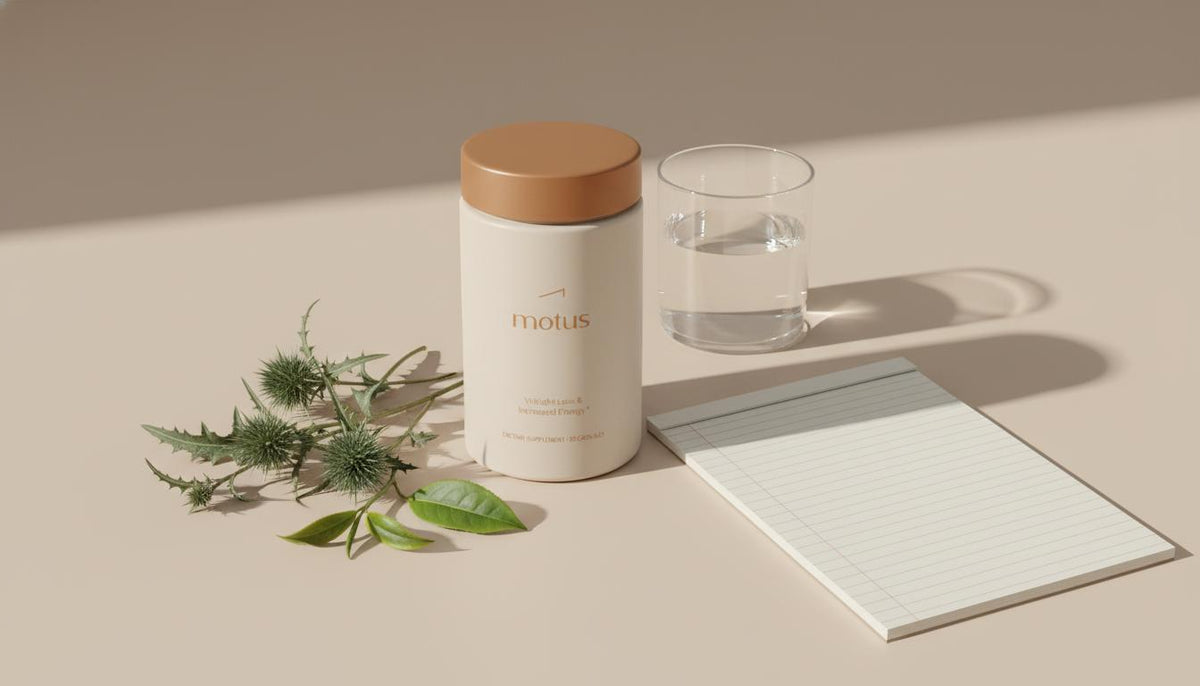 Minimalist flat-lay of Tonum Motus bottle with milk thistle and green tea leaves, clinical notebook page and glass of water on a light beige background, detox pills