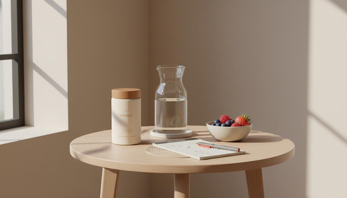 Minimalist morning still life with Tonum supplement jar, glass carafe, bowl of berries and notepad on wooden table, promoting vitamin for brain fog.