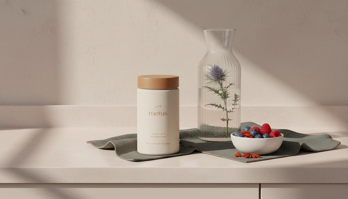 Motus supplement jar on a clean kitchen counter with glass carafe, milk thistle sprig and bowl of berries in Tonum palette — weight loss drops side effects