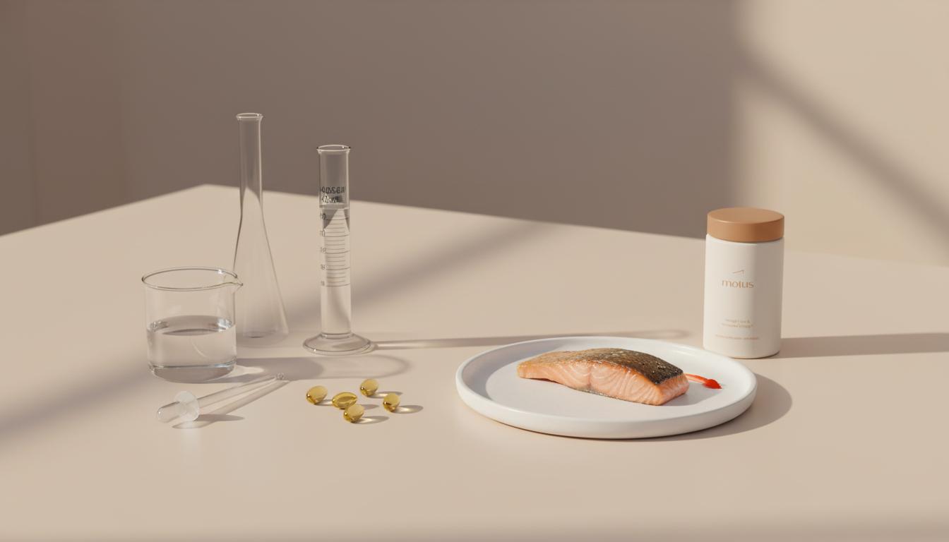 Minimalist still-life of lab glassware, omega-3 capsules, a salmon fillet, and a Tonum reference jar representing a DHA supplement on a pale beige #F2E5D5 background.