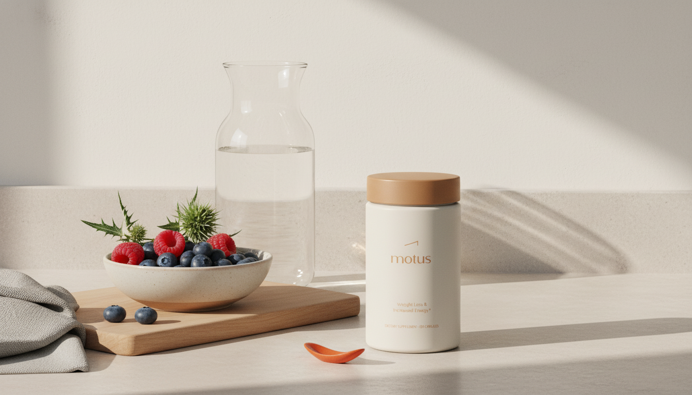 Minimalist kitchen scene with Tonum Motus supplement jar beside a bowl of berries and milk thistle on a neutral counter, evoking research-informed wellness — diet pills FDA approved over-the-counter