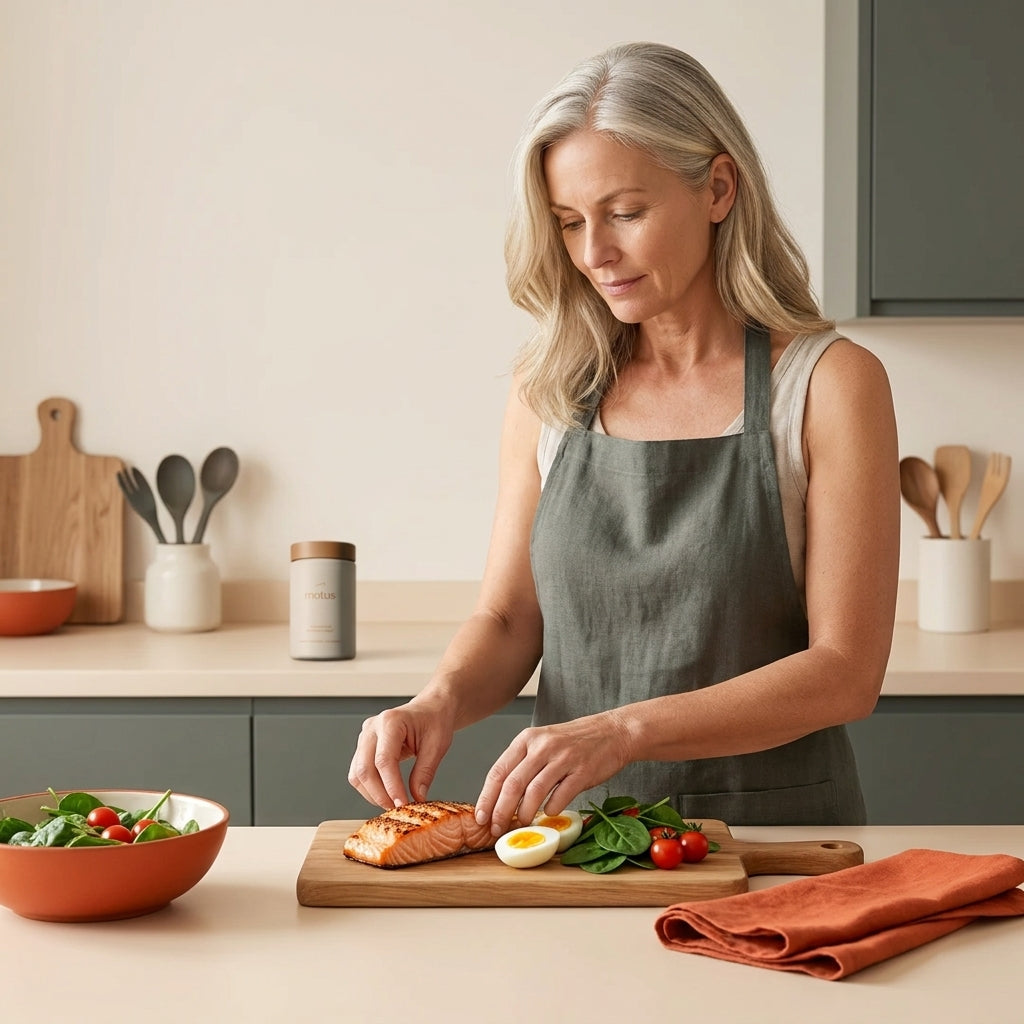 Minimalist photo of a midlife woman preparing a protein-focused meal in a clean kitchen with a Tonum supplement container subtly on the counter, illustrating dieting after menopause and evidence-based nutrition.