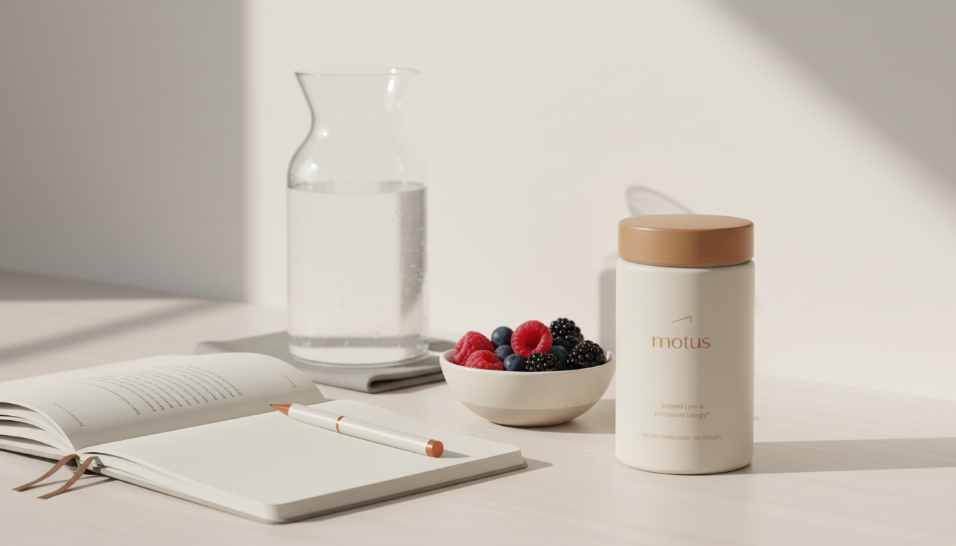 Minimalist kitchen counter with Tonum Motus jar beside a bowl of berries, notebook and glass carafe — lifestyle photo for article dietitian vs nutritionist