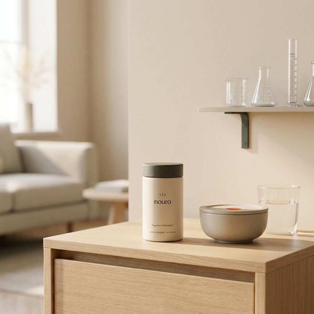 Minimal bedside scene with Tonum supplement bottle suggesting cognitive support, soft beige background and subtle lab glassware—visual for difference between Alzheimer's and dementia.
