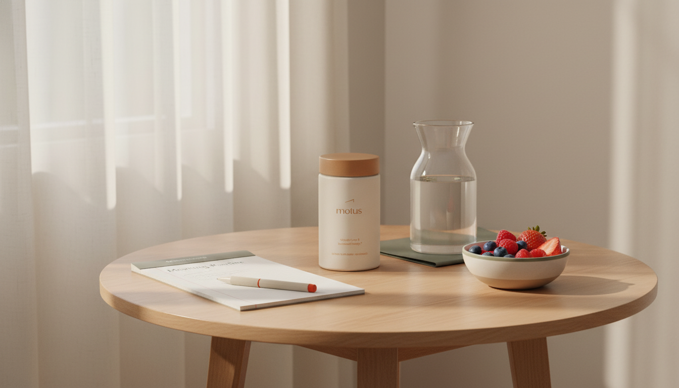 Minimalist breakfast nook with Tonum supplement jar, bowl of berries, glass carafe and notepad — image for article difference between dietitian and nutritionist, calm scientific lifestyle