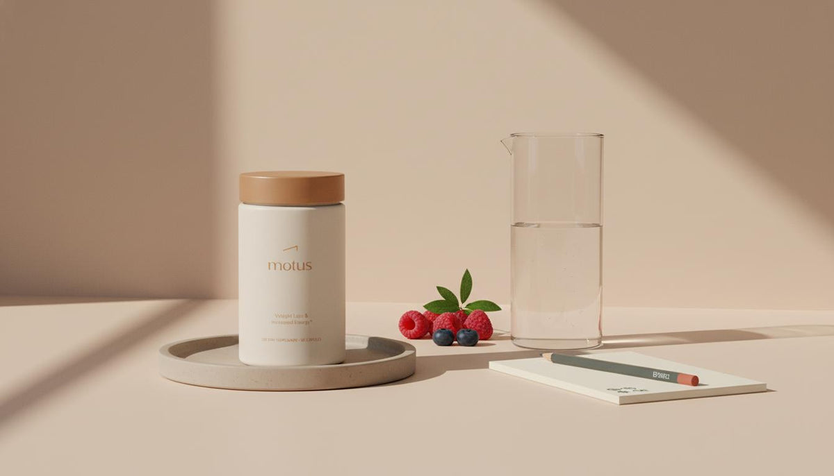 Minimalist kitchen scene with Tonum Motus supplement jar on a ceramic tray beside a glass carafe, berries and notepad, illustrating diuretics for weight loss and hydration