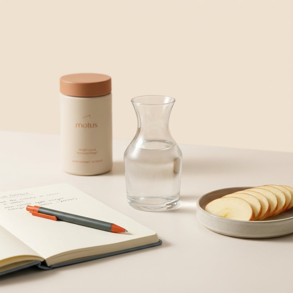 Minimalist still-life of a glass carafe with diluted apple cider vinegar, slices of apple, a Tonum supplement bottle from reference photos, and notebook on a #F2E5D5 background — do apple cider vinegar pills lower A1C