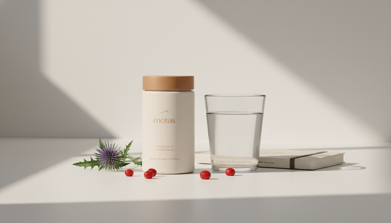 Minimalist bathroom counter with Tonum Motus jar next to a glass of water, notebook, berries and milk thistle sprig — Do B12 shots help with losing weight?