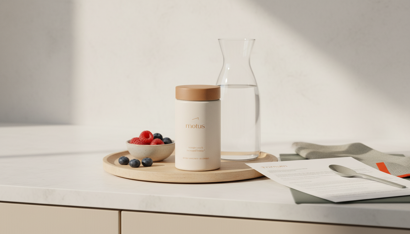 Minimalist kitchen counter with Tonum Motus supplement jar beside a carafe, bowl of berries and folded lab results illustrating clinical-backed daily routine — do bariatric vitamins help with weight loss