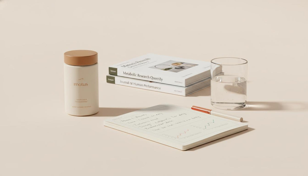 Minimalist still-life of a Tonum supplement jar beside open research notes and journals on a beige desktop, illustrating do cognitive supplements actually work