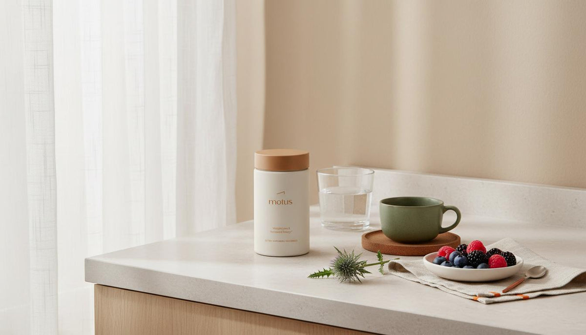 Minimalist kitchen counter with Motus supplement jar beside a glass of water, bowl of mixed berries and green tea cup in morning light — do fast metabolism pills work