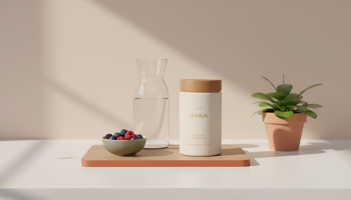Minimal kitchen scene with Motus supplement jar on wooden tray beside glass carafe, bowl of berries and small plant; calm clinical-meets-lifestyle composition — do fat burners work for men