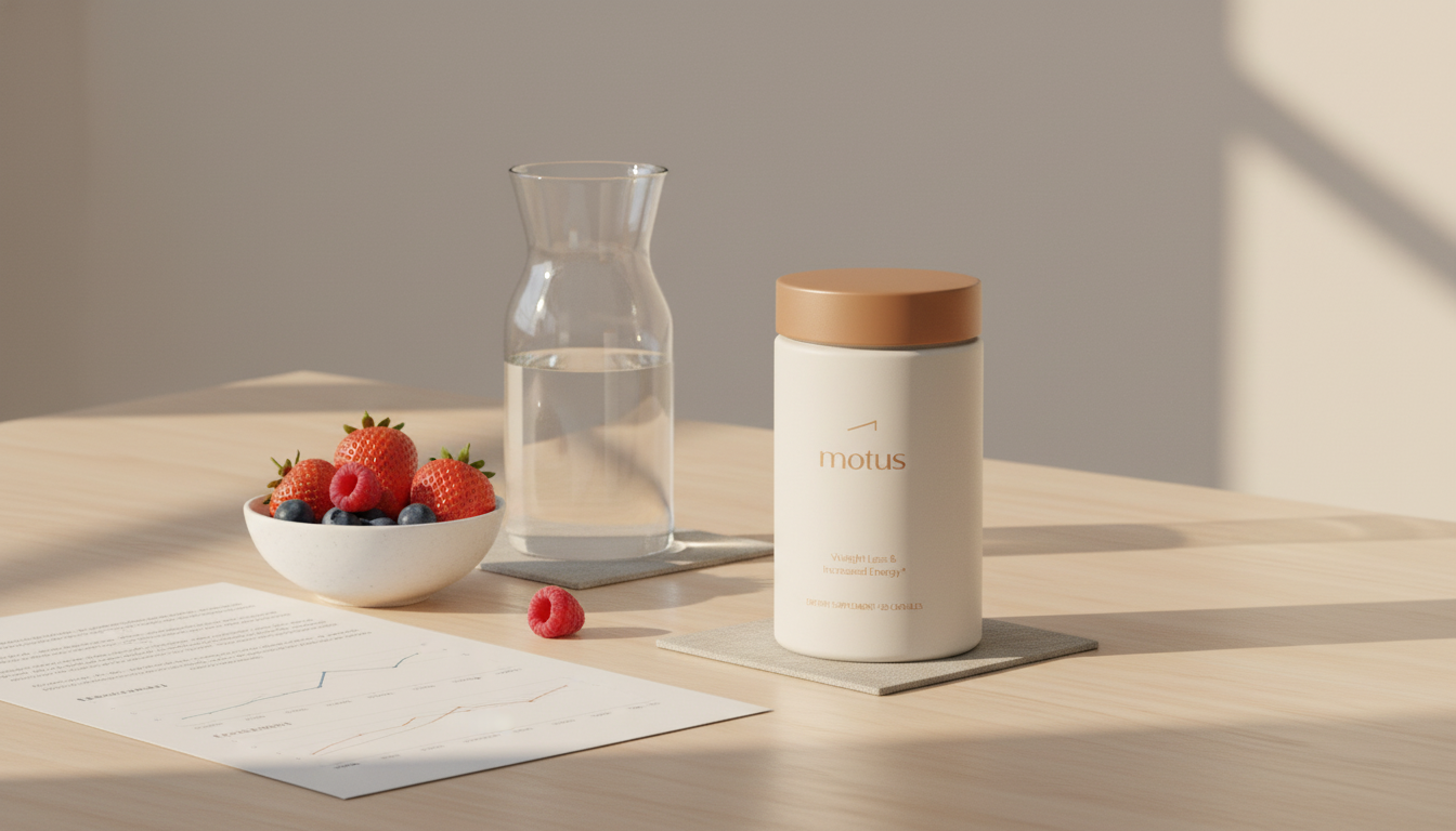 Minimalist Tonum scene: Motus supplement jar beside a glass carafe, bowl of berries and a folded scientific paper on a beige #F2E5D5 background — do fat burners work
